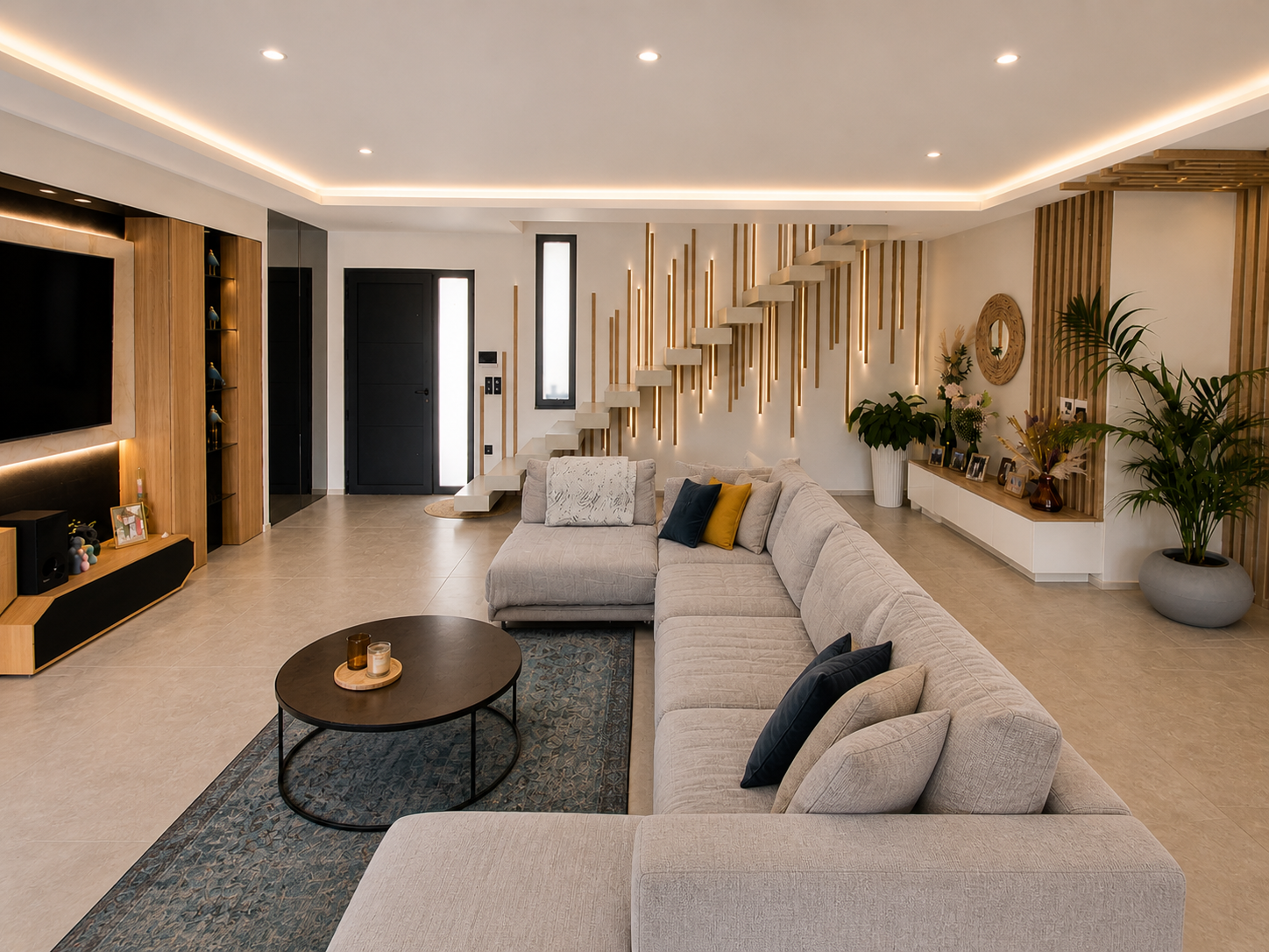 Création sur mesure d'un meuble TV, d'un habillage d'escaliers en chêne et anthracite, moderne pour un client près de Salon de Provence